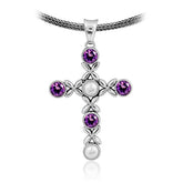 Sterling silver cross pendant with Amethyst Quartz and Pearl gemstones – handcrafted Bali jewelry symbolizing purity, faith, and elegance